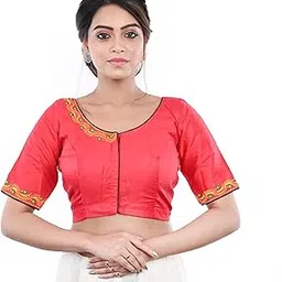 Designer Saree Blouse, Coral Red, Half Sleeve with Embroidered Border, Traditional Crop Style-picture-17