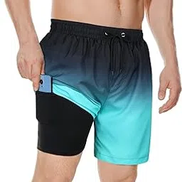 Mens Swim Trunks Mens Bathing Suit Mens Swim Trunks with Compression Liner, Black Blue Gradient, XX-Large-image-0