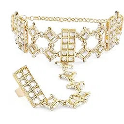 zaveri pearls Gold Tone Kundan & Pearls Embellished Ethnic Hand Harness For Women-ZPFK15842-picture-36