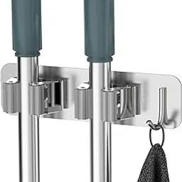 GROVENT® 1 PCS Broom Mop Holder, Modern Wall Mounted Heavy Duty Stainless Steel Storage Rack Organization Tools, Kitchen Garden Garage Or Bathroom Organization.(SILVER)-image-99