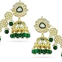 22K Gold-Plated Kundan Studded Kan Chain Earrings with Beads & Green Enamel Detailing - Long Ear Chain Earrings for Women and Girls-image-68