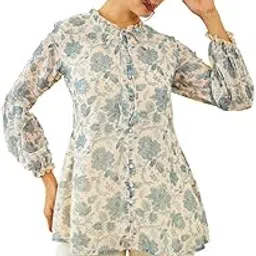 soch Womens Beige Georgette Floral Print Ruffle-Neck A-Line Tunic-picture-67