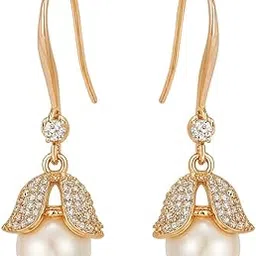 Nigithraa Imported Rose Gold Plated Pearl Drop Earrings for Women & Girls | Zircon Accent Dangle Jewelry | Elegant Lightweight Party Earrings for diwali & deepavali festive-picture-39