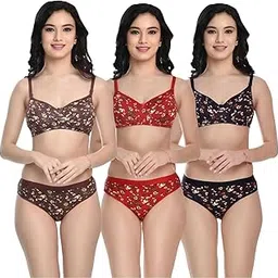 rodley Set of 3 Women's Cotton Self Design Padded Bra & Panty Set | Sexy Lingerie Set for Bridal | Honeymoon Bikini Set for Girls & Women - Adjustable Straps (F)-picture-13