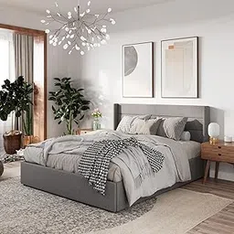 HITHOS Furniture Modern Upholstered Queen Size Platform Bed with Hydraulic Storage Wooden Double Bed Cot Palang for Bedroom Living Room Home (Dark Grey) 3 Year Warranty-image-5