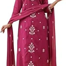 Women’s Magenta Embroidered Straight Kurta with Matching Pant & Dupatta | Stylish Traditional Set-image-1