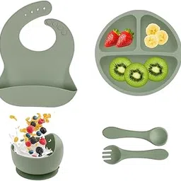 Teri Beri 4 Pcs Premium BPA Free Silicone Baby Feeding Set, Silicone Self-Feeding Training Set for Baby (Suction Divided Plate, Bowl, Spoon & Fork) (Green)-image-38