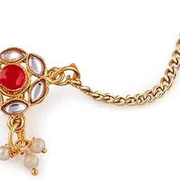 cz stone Traditional Bridal Nose Pin with Red Artificial Stone and Pearl Chain-picture-30