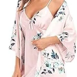 for you for me Women's Satin Short Robe Dress Elegant White Floral Print and Matching Slip Dress-picture-12