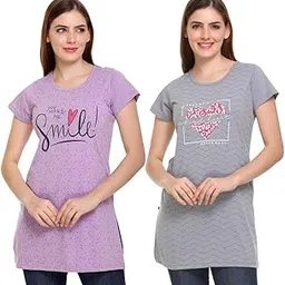 white moon Women's Cotton Long T-Shirt - Loose Fit, Half Sleeve T-Shirt for Nightwear and Lounging, Soft and Comfortable Relaxed Fit for Sleepwear, Perfect for Everyday Use (Pack of 2)-picture-47