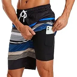 difficort Mens Swim Trunks with Compression Liner Quick Dry Bathing Suits Shorts with Zipper Pockets, A/ Black & Blue & White Stripe, XL-picture-48