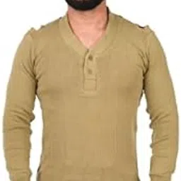 Khaki Knitted Sweater with Henley Neck | Woolen Men's Pullover Colorblock Sweater | Button Neck Cardigan for Men | Textured Crew Neck Sweater-picture-23