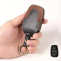 Keyzone Dual Leather Key Cover for Tata Nexon, Harrier, Safari, Altroz, Punch, Tigor 4 Button Smart Key (Black-Brown)-picture-14