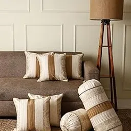 Gifts Island Combo Silk Striped & Rajasthani Warli Golden Hand Printed Square Pillow Cushion Covers 16x16 inches Set of 5 & Round Pillow Bolster Covers Set of 2 16x32 inches (Pack of 7,Beige)-picture-11