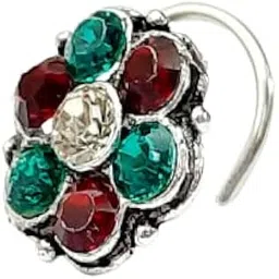 yash jewels emporium American Dimond Beautiful Classic Flower Designs Silver Oxidized Finishing Without Piercing Nose Pins for Women & Girls image 1