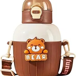 Mayatra's Kids Water Bottle, BPA-Free Sipper with Cartoon Design, 500ml, Leakproof with Carrying Strap, Duck, Bear, Rabbit, Dino Theme (Brown)-picture-56