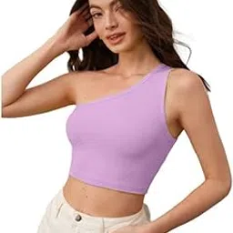 glare & blair Solid One Shoulder Western Stylish Sleeveless Ribbed Crop Tank Top for Women-picture-52