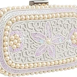 duchess Pearl Beaded Evening Clutch, White, Sequin Floral Design, Elegant Bridal Wedding Party Purse-picture-14