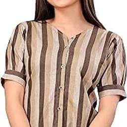Casual Roll Up Sleeves Striped Women Cotton Brown Shirt-picture-30