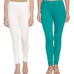Women Mid Rise Cotton Churidar Length Leggings -White Turquoise Blue-image-65