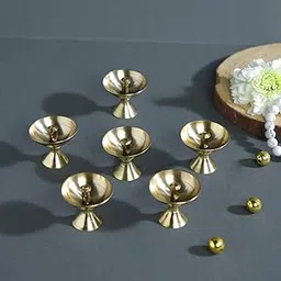CraftVatika Brass Akhand Small Diya Oil Lamp Holder for Puja (4 x 3.2 CM, Golden) (6 Piece)-picture-18