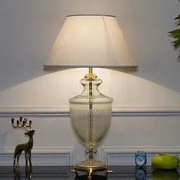 KAPOOR LAMP SHADES Mystic Hand Cut Glass and Brass Casted Base Table Lamp with Cotton Shade (Bulb Included) (White)-picture-13
