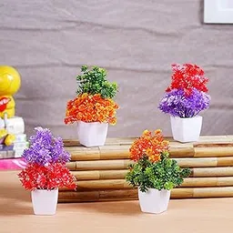 Dekorly® Small Artificial Multicolor Flowers in Pots – Little Fake Flowers Decor for Bathroom Bedroom – Faux Plants Indoor Small Plants for Shelf Decor – Green (Pack of 4) Multicolor-picture-36