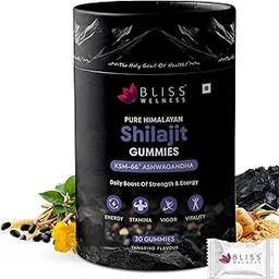 Bliss Wellness Pure Himalayan Shilajit/Shilajeet Gummies with More Than 70% Fulvic Acid & KSM 66 Ashwagandha | Boosts Stamina, Endurance, Strength & Improves Energy Levels | Tamarind Flavour | Gelatin Free Vegetarian 30 Gummies image 1