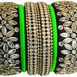 harshanvikaboutique| Silk Thread Ladies Trendy Designer| Bangles With Black Color| Set For Women's (Light Green-Black) (Pack of 12) (Size-2/8)-image-11