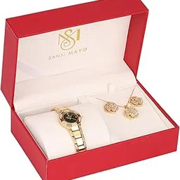 sansi mayo Women’s Watch & Jewellery Gift Set | Black Dial Gold Analogue Watch Bracelet Set for Women | Jewellery Set for Gift | Ideal Gift for Wife, Sister, Mother, Girlfriend-picture-49