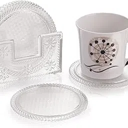 Sonal - Tea Style Coaster (Clear) - Set of 6 Coasters with Coaster Stand (Plastic) | Best fit for Tea Cups, Coffee Mugs and Glasses (Tea Style_Clear)-picture-30