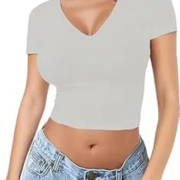 xolani Women V Collar Short Sleeve Basic Casual Slim T-Shirts Sexy Crop Top X L2684 VK-picture-12