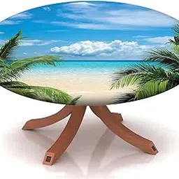 Yaofuren Beach Pattern Table Cloth Cover,Elastic Edge,Suitable for Catering and Kitchen Can Wipe Dining Round Table coverr,Green Pale,for 17" to 21" Round Tables-picture-40