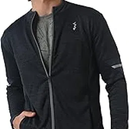 campus sutra Men's Black Heathered Activewear Jacket With Contrast Detail For Casual Wear | Mandarin Collar | Long Sleeve | Zip Closure | Polyester Jacket Crafted With Comfort Fit For Everyday Wear-picture-30