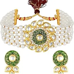 asmitta Kundan Pearl Studded Enamelled Choker Necklace Set for Women-picture-43