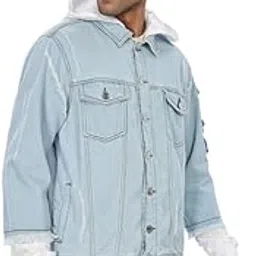 eszett Men's Full Length Regular Fit Solid Hooded Denim Jacket-picture-23