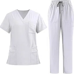 MERISHOPP Unisex Scrubs Suit Set Scrub Top and Pants for Women Men Nurse L White-image-12