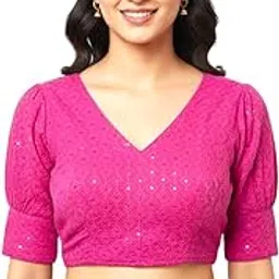 Women's Readymade Shining Lycra V Neck Half Puff Sleeve Blouses Lycra Styles Blouse for Women Readymade Saree Blouse Free Size (32-40) (Pink, 32-40 Free Size)-picture-17