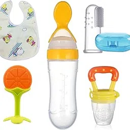 ROFORUF Fruit Feeder 1Pc, Silicone Baby Food Dispensing Spoon 90Ml 1Pc, Fruit Shape Teether 1Pc, Finger Tooth Brush 1Pc And Baby Bib 1Pc (Combo 5),Assorted-picture-19