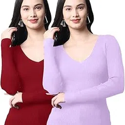 Women’s Cotton Lycra T-Shirt Combo – Pack of 2 | V-Neck Full Sleeve Slim Fit Tops | Stylish Casual Wear for Women & Girls | Stretchable T-Shirts-image-99