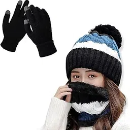 TOMORROW Women's Winter Beanie Hat Scarf Gloves Set 3-in-1 | Warm Knit Pom Pom Slouchy Hat, Touchscreen Gloves, Soft Fleece Lined Neck Warmer for Cold Weather, Girls Gift Set-image-4