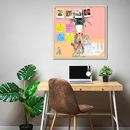 ArtzFolio Lady with Flower | Notice Pin Board Bulletin Board | Soft Vision Board with Thumb Push Pins & Sticky Notes | Natural Brown Frame | 12 x 12 inch (30 x 30 cms)-picture-59