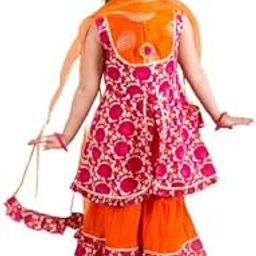 pspeaches Girls Magenta Orange Printed Angrakha Cotton Kurta Set (Pink)-picture-4