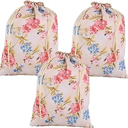 kuber industries 3 Pcs Silk Drawstring 9x12 Inch Medium Potli Pouch | Goodie Bags for Return Gift | Shagun Potli for Gifting | Wedding, Housewarming & Baby Shower Goody Pouch | Digital Flower - Cream-picture-32