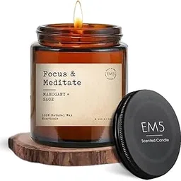 EM5 Focus & Meditate Aromatherapy Scented Candle | Mahogany & Sage | 100% Natural Wax & Lead Free Wick | Upto 30 Hours of Clean Burning | Smokeless & Non-Toxic Candles | 100gm-image-0