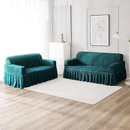 HOKIPO Elastic 3+2 Seater Bubble Frill Sofa Cover, Teal (AR-5256-TL + AR-5257-TL)-picture-11