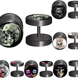 flyun 6 Pairs 10MM Skull Black Screw Stud Earrings for Men Women Steel Cheater Fake Ear Plugs Gauges Illusion Tunnel-picture-48