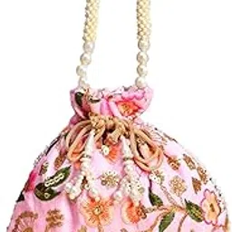 Heart Home Potli|Silk Wedding Potli|Christmas Gift Potli|Baby Shower Potli|Traditional Shagun Potli|Drawstring with Beads Handle Potli|New Flower Embroidery Potli|Pink-image-43