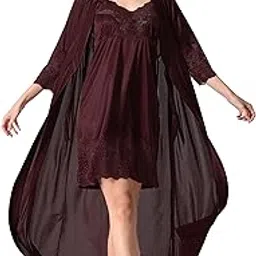 romaisa Women's Satin Solid Above Knee Length Nighty with Robe (Size - Free Size) (Nightwear Set Pack of 2)-picture-23