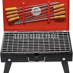 TrustBasket Foldable Briefcase Barbeque Grill Set for Home with 8 Skewers & Charcoal Tray | Portable BBQ Grill, Tandoori Grill & Chicken Grill Machine - (Red & Black)-picture-31